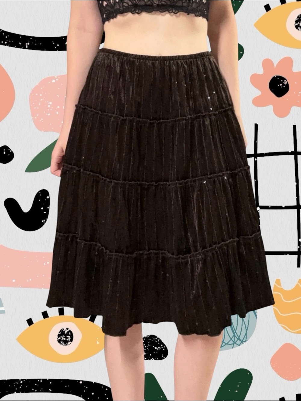 Gracie | Vintage Y2K Brown High Waisted Velvet Sequin Knee Length Skirt